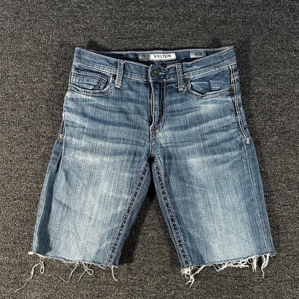 BKE Fulton Denim Shorts Mens 30 Blue Good Distressed Raw Hem Medium Wash